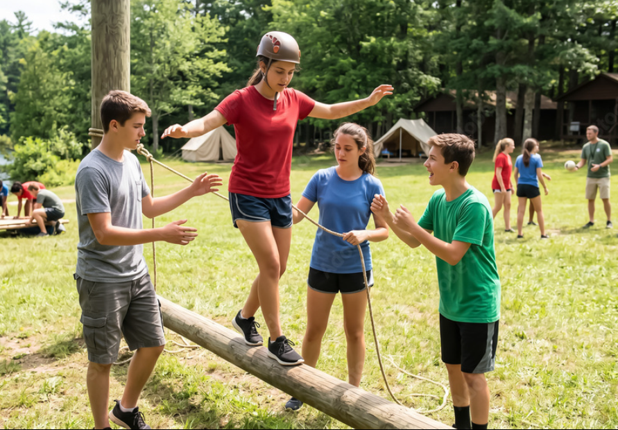 Young people working together on an outdoor challenge